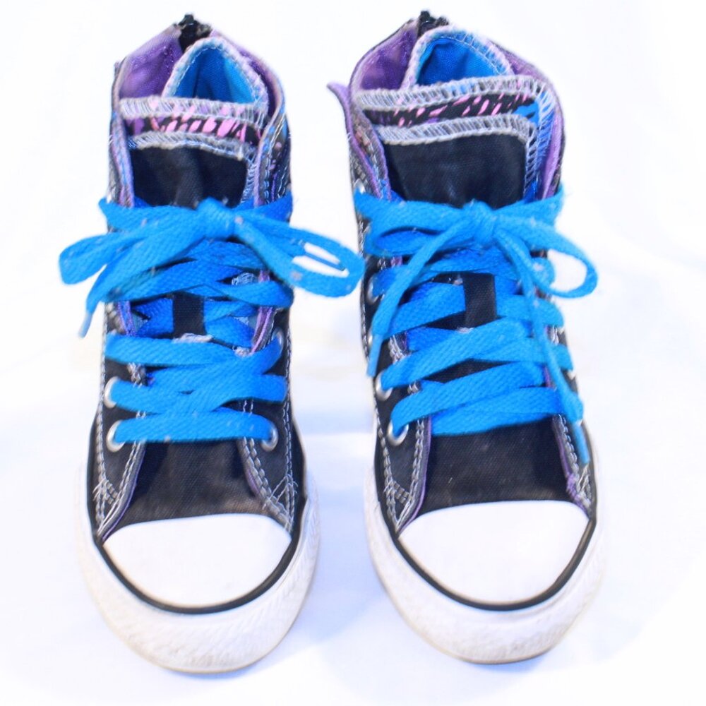 Converse Chuck Taylor Kid Size 12 Black Cyan Purple Back Zip Side Wing Sneakers